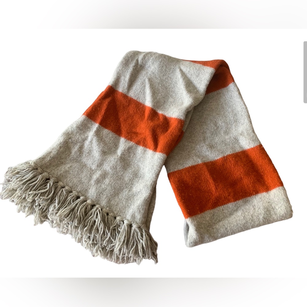 Gap Wool Blend Striped Scarf Gray Orange Frayed Edge Mens Winter Scarf